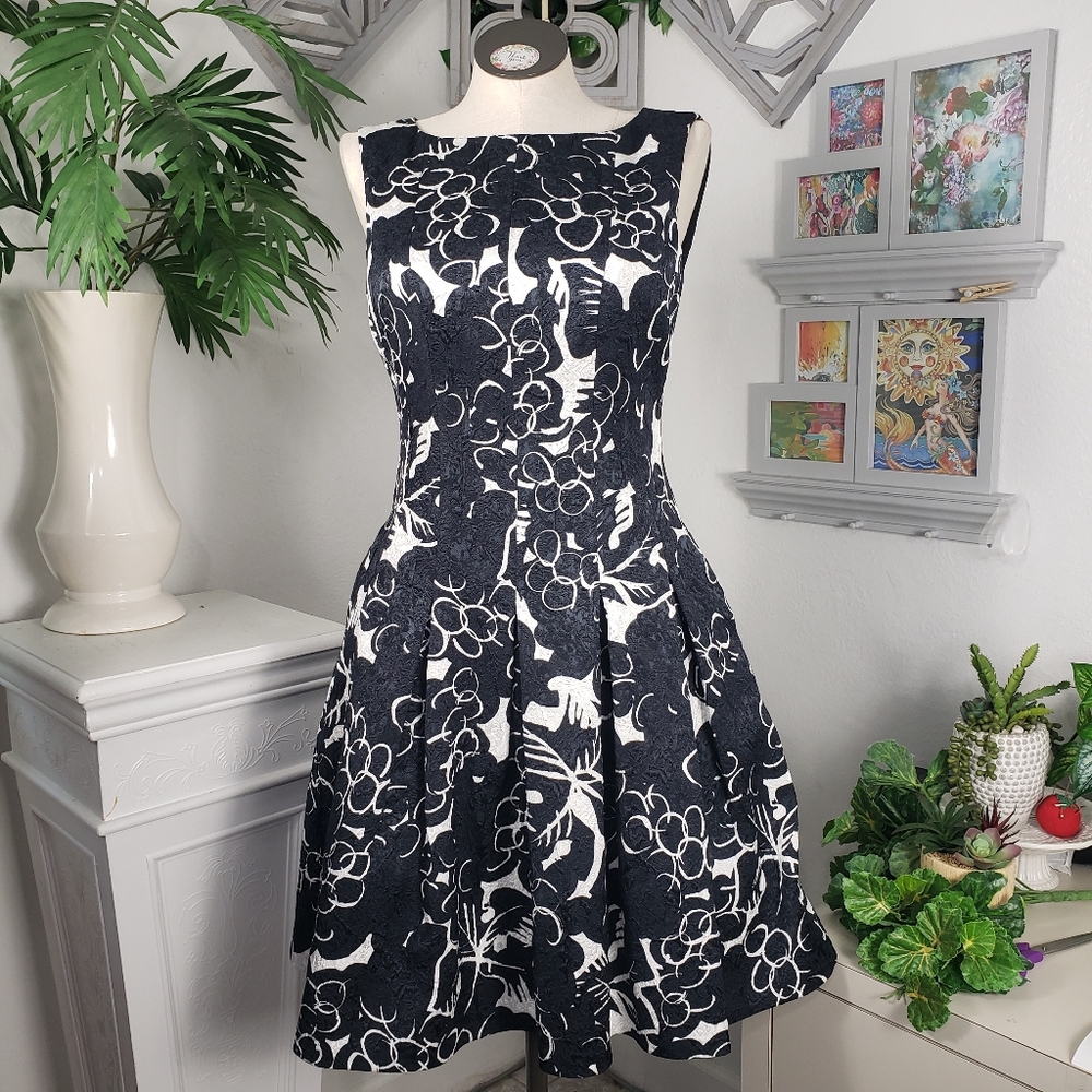 Oscar de la Renta Navy Blue & White -Jacquard Embossed Pockets Fit & Flair sz 12